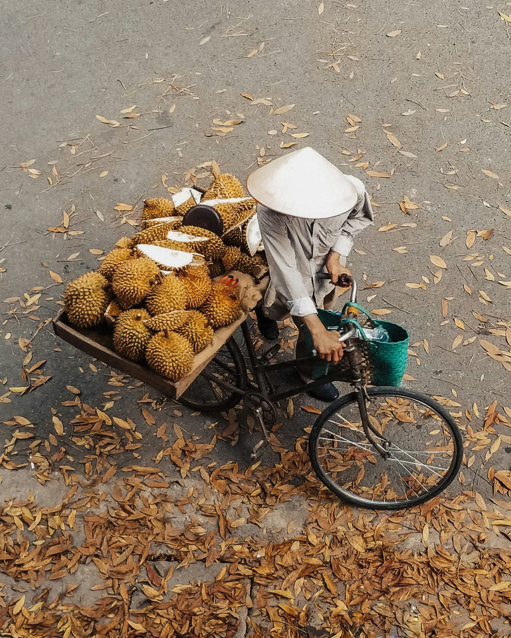 Voyage entre femmes au Vietnam : vendeuse vietnamienne avec chapeau conique transportant des durians sur un vélo dans la rue – Salma Travel